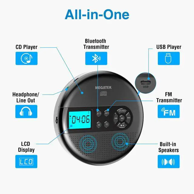 Alt view image 2 of 7 - Portable CD Player with Bluetooth RX/TX, FM Transmitter & USB