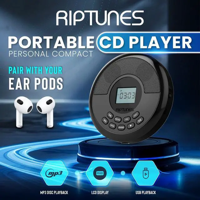 Alt view image 2 of 7 - CD Player Portable Rechargeable Battery Bulit-in - Wireless, Dual Speakers Anti-Skip Protection - Compatible MP3 USB- Black