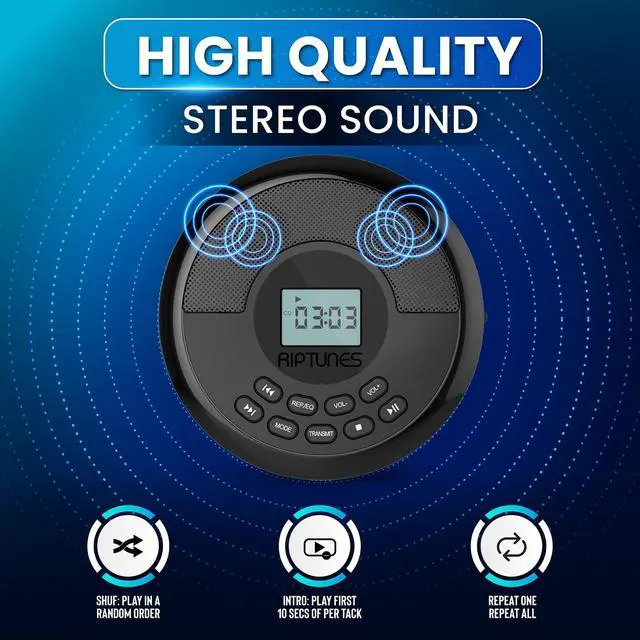 Alt view image 4 of 7 - CD Player Portable Rechargeable Battery Bulit-in - Wireless, Dual Speakers Anti-Skip Protection - Compatible MP3 USB- Black