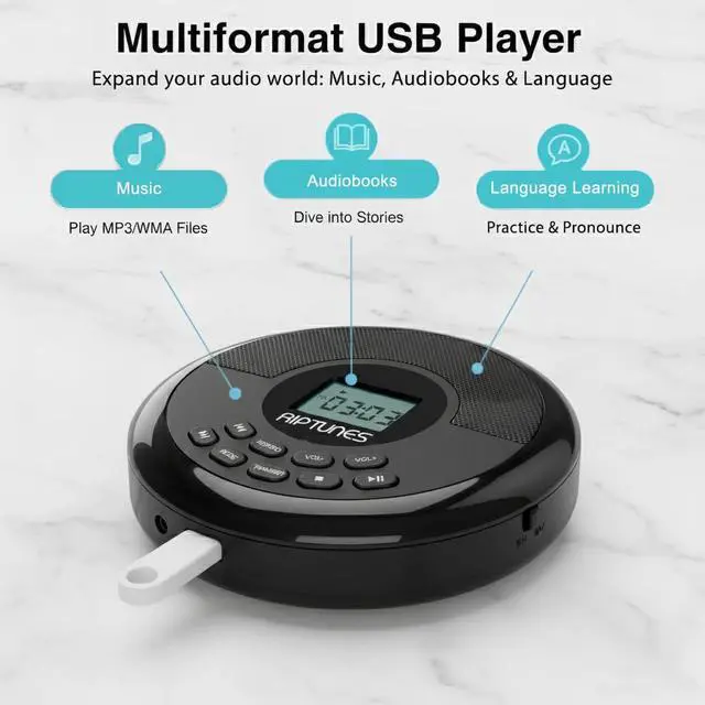 Alt view image 6 of 7 - CD Player Portable Rechargeable Battery Bulit-in - Wireless, Dual Speakers Anti-Skip Protection - Compatible MP3 USB- Black