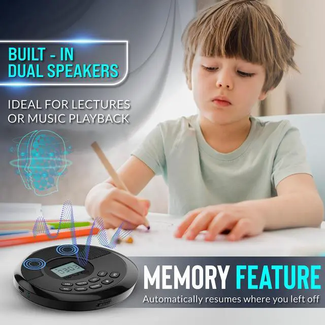 Alt view image 5 of 7 - CD Player Portable Rechargeable Battery Bulit-in - Wireless, Dual Speakers Anti-Skip Protection - Compatible MP3 USB- Black