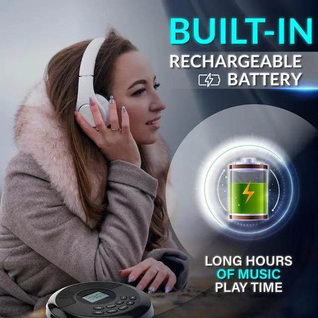 Alt view image 3 of 7 - CD Player Portable Rechargeable Battery Bulit-in - Wireless, Dual Speakers Anti-Skip Protection - Compatible MP3 USB- Black
