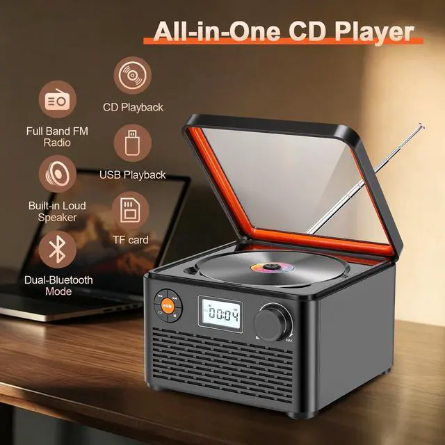Alt view image 2 of 7 - Boombox CD Player with Bluetooth, 6-in-1 Portable CD Player with Speakers & FM Radio, Small CD Player for Home with USB/TF, Compact Desktop Design w/Screen & Audio, Great Gift for Seniors & Kids