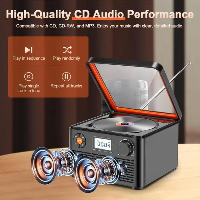 Alt view image 3 of 7 - Boombox CD Player with Bluetooth, 6-in-1 Portable CD Player with Speakers & FM Radio, Small CD Player for Home with USB/TF, Compact Desktop Design w/Screen & Audio, Great Gift for Seniors & Kids
