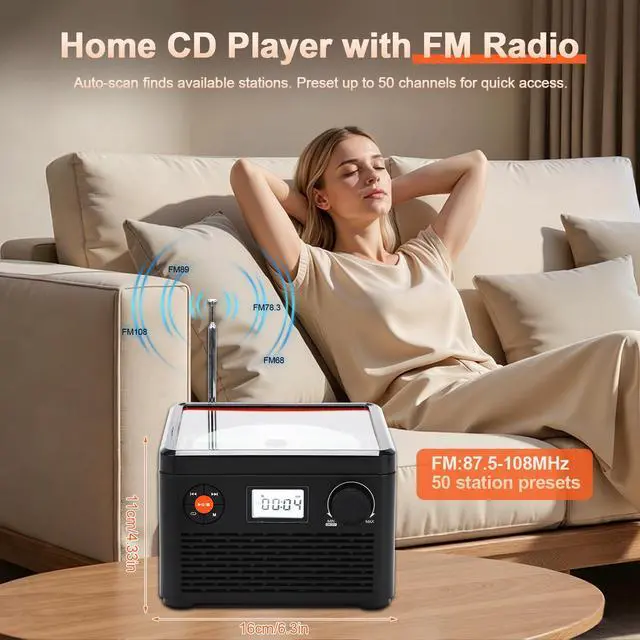Alt view image 5 of 7 - Boombox CD Player with Bluetooth, 6-in-1 Portable CD Player with Speakers & FM Radio, Small CD Player for Home with USB/TF, Compact Desktop Design w/Screen & Audio, Great Gift for Seniors & Kids