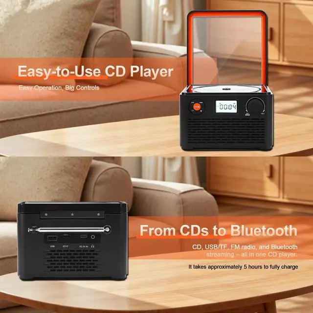 Alt view image 6 of 7 - Boombox CD Player with Bluetooth, 6-in-1 Portable CD Player with Speakers & FM Radio, Small CD Player for Home with USB/TF, Compact Desktop Design w/Screen & Audio, Great Gift for Seniors & Kids