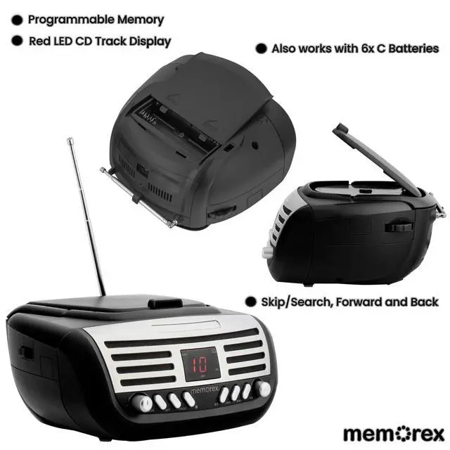 Alt view image 4 of 7 - AM/FM Top Loading CD Player | Portable Stereo with Programmable Memory | Auxiliary Input and LED Display (Black, Retro CD Boombox)