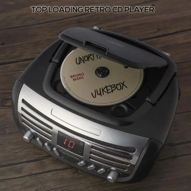Alt view image 5 of 7 - AM/FM Top Loading CD Player | Portable Stereo with Programmable Memory | Auxiliary Input and LED Display (Black, Retro CD Boombox)