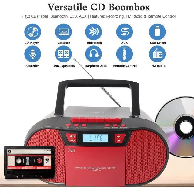 Alt view image 2 of 7 - Boombox CD Player Portable, Cassette Player Combo with CD MP3 Bluetooth AUX TF USB FM Radio AC/DC Powered, Boom Box with Remote Control, Headphone Jack, Stereo Sound for Home,Kids,Gift