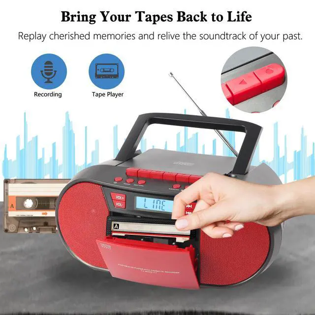 Alt view image 4 of 7 - Boombox CD Player Portable, Cassette Player Combo with CD MP3 Bluetooth AUX TF USB FM Radio AC/DC Powered, Boom Box with Remote Control, Headphone Jack, Stereo Sound for Home,Kids,Gift