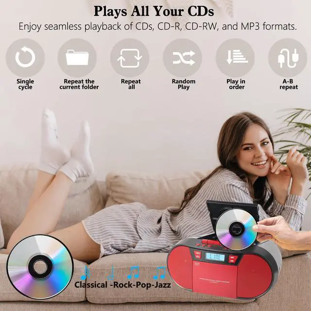 Alt view image 3 of 7 - Boombox CD Player Portable, Cassette Player Combo with CD MP3 Bluetooth AUX TF USB FM Radio AC/DC Powered, Boom Box with Remote Control, Headphone Jack, Stereo Sound for Home,Kids,Gift