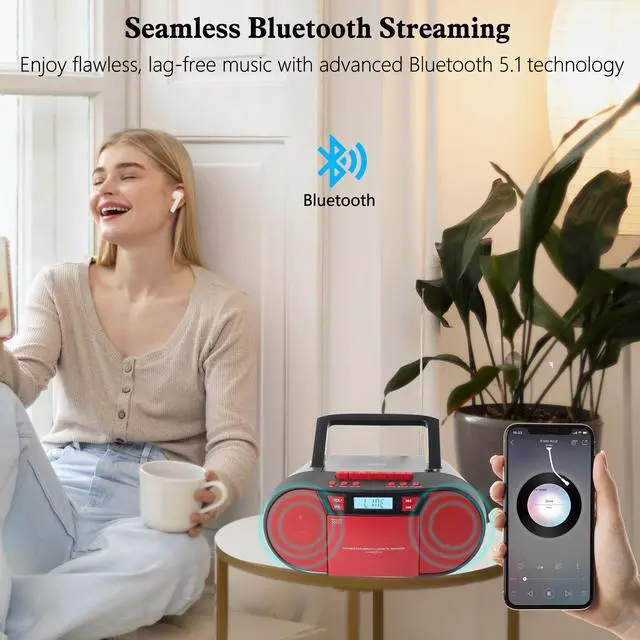 Alt view image 6 of 7 - Boombox CD Player Portable, Cassette Player Combo with CD MP3 Bluetooth AUX TF USB FM Radio AC/DC Powered, Boom Box with Remote Control, Headphone Jack, Stereo Sound for Home,Kids,Gift