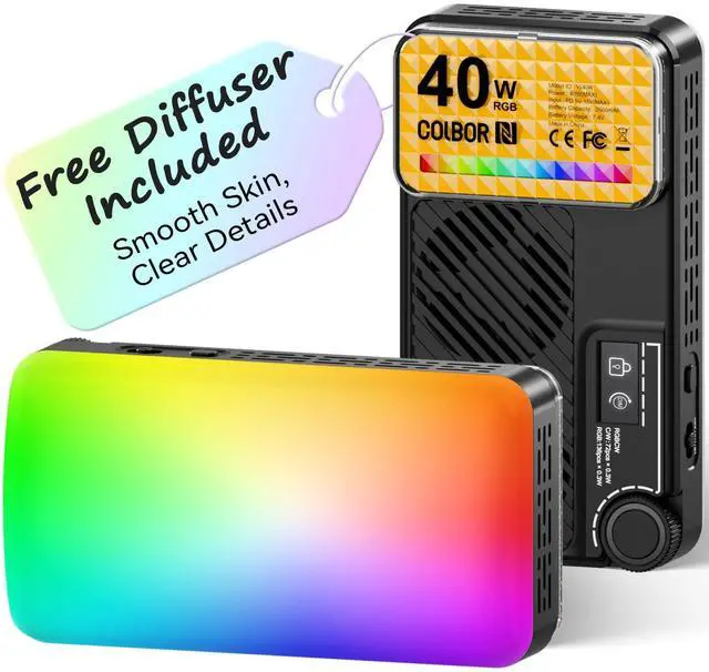 Main image of Small LED Camera Light 40W, Full RGB Video Lights with Diffuser, App Control, 2500-9000K, CRI 97+, USB-C Fast Charging, Portable Photography Fill Light for Sony Canon Video Recording