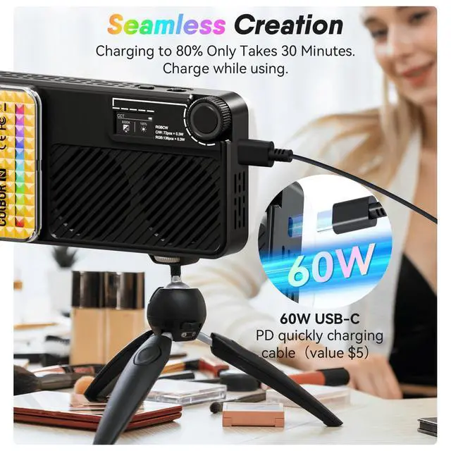 Alt view image 7 of 7 - Small LED Camera Light 40W, Full RGB Video Lights with Diffuser, App Control, 2500-9000K, CRI 97+, USB-C Fast Charging, Portable Photography Fill Light for Sony Canon Video Recording