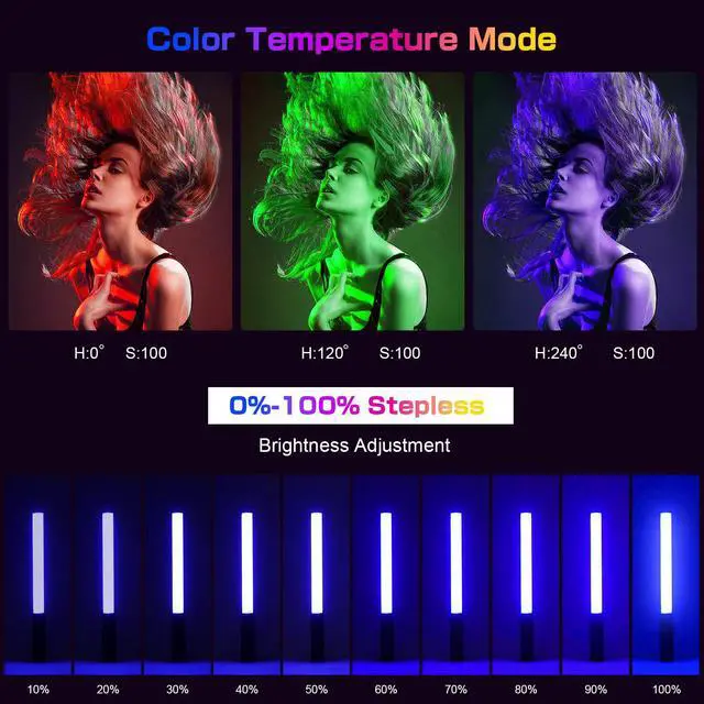 Alt view image 4 of 7 - RGB Video Light Wand, Handheld Multi Color LED Tube Light Stick with Remote Control, Dimmable 2500K-6500K CRI97+ Full-Color LED Light with 2500mAh Rechargeable Battery, 12 Light Scenes