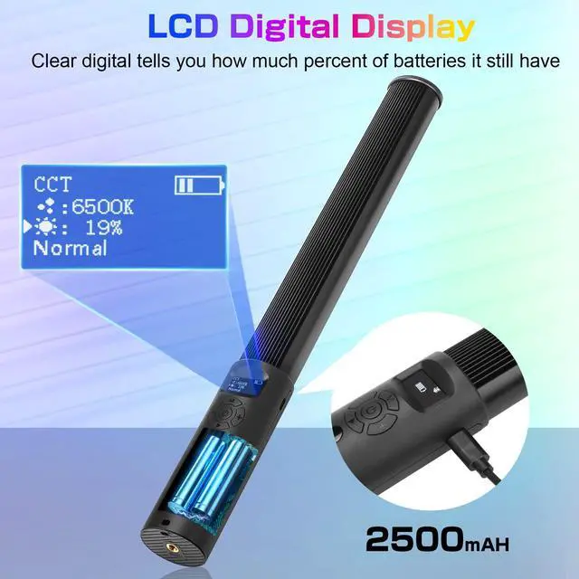 Alt view image 5 of 7 - RGB Video Light Wand, Handheld Multi Color LED Tube Light Stick with Remote Control, Dimmable 2500K-6500K CRI97+ Full-Color LED Light with 2500mAh Rechargeable Battery, 12 Light Scenes