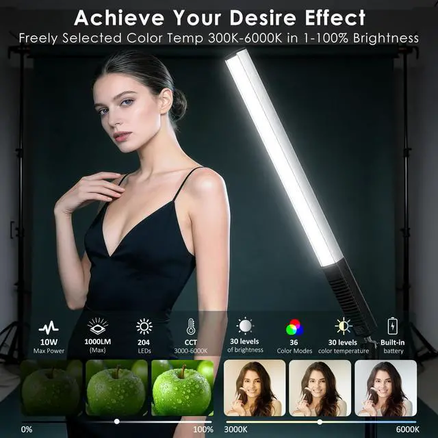 Alt view image 2 of 7 - RGB LED Photography Lighting Portable Wand Handheld LED Video Light 1000 Lumens CRI 95+ USB Rechargeable with Remote Control, Carry Bag, Adjustable Color Temperature 3000K-6000K and 36 Colors