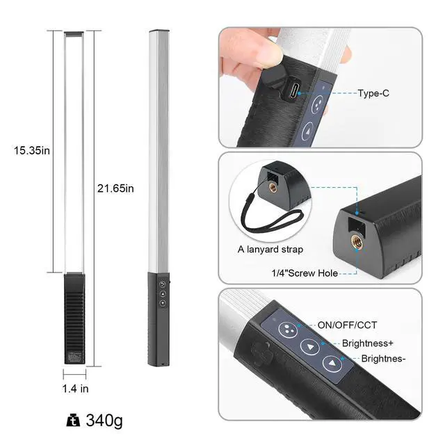 Alt view image 3 of 7 - RGB LED Photography Lighting Portable Wand Handheld LED Video Light 1000 Lumens CRI 95+ USB Rechargeable with Remote Control, Carry Bag, Adjustable Color Temperature 3000K-6000K and 36 Colors