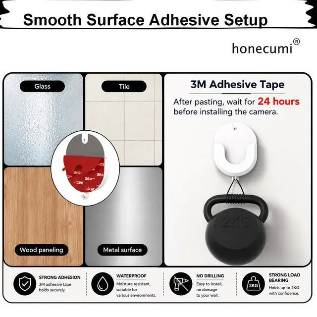 Alt view image 3 of 7 - No Drill Ring Camera Mount, 2 Pack Adhesive Ring Camera Wall Mount Compatible with Ring Indoor Cam 1st & 2nd Gen, Ring Stick Up Cam, Blink Mini 2, Blink Outdoor 3/4/XT2, Wyze Cam ABS Bracket,White