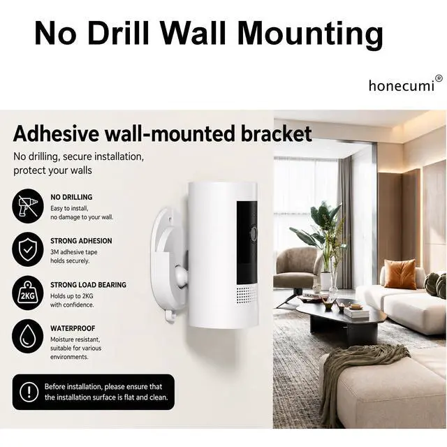 Alt view image 7 of 7 - No Drill Ring Camera Mount, 2 Pack Adhesive Ring Camera Wall Mount Compatible with Ring Indoor Cam 1st & 2nd Gen, Ring Stick Up Cam, Blink Mini 2, Blink Outdoor 3/4/XT2, Wyze Cam ABS Bracket,White