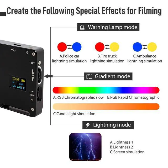 Alt view image 7 of 7 - Portable LED Video Light, Aluminum Alloy Body On-Camera Light, Diffuser & Built-in Battery, 2500K-8500K RGB Dimmable, CRI 96+ Photography Fill Light with 1/4" Screw for DSLR, Vlog, YouTube