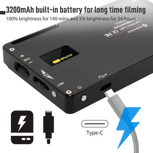 Alt view image 4 of 7 - Portable LED Video Light, Aluminum Alloy Body On-Camera Light, Diffuser & Built-in Battery, 2500K-8500K RGB Dimmable, CRI 96+ Photography Fill Light with 1/4" Screw for DSLR, Vlog, YouTube