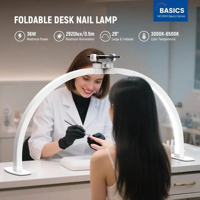 Alt view image 3 of 7 - Basics 29" Half Moon Nail Light for Desk, 36W Foldable Nail Tech Table Arc Lamp, LED Manicure Half Ring Light with Phone Holder for Makeup Beauty Tattoo Overhead Video Recording, HM02-D