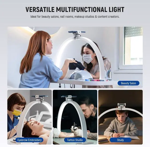 Alt view image 2 of 7 - Basics 29" Half Moon Nail Light for Desk, 36W Foldable Nail Tech Table Arc Lamp, LED Manicure Half Ring Light with Phone Holder for Makeup Beauty Tattoo Overhead Video Recording, HM02-D