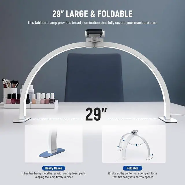 Alt view image 5 of 7 - Basics 29" Half Moon Nail Light for Desk, 36W Foldable Nail Tech Table Arc Lamp, LED Manicure Half Ring Light with Phone Holder for Makeup Beauty Tattoo Overhead Video Recording, HM02-D