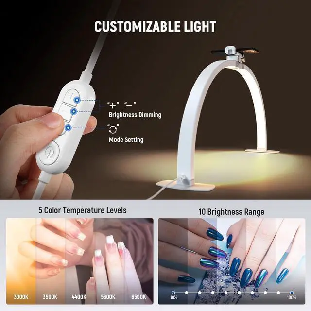 Alt view image 6 of 7 - Basics 29" Half Moon Nail Light for Desk, 36W Foldable Nail Tech Table Arc Lamp, LED Manicure Half Ring Light with Phone Holder for Makeup Beauty Tattoo Overhead Video Recording, HM02-D