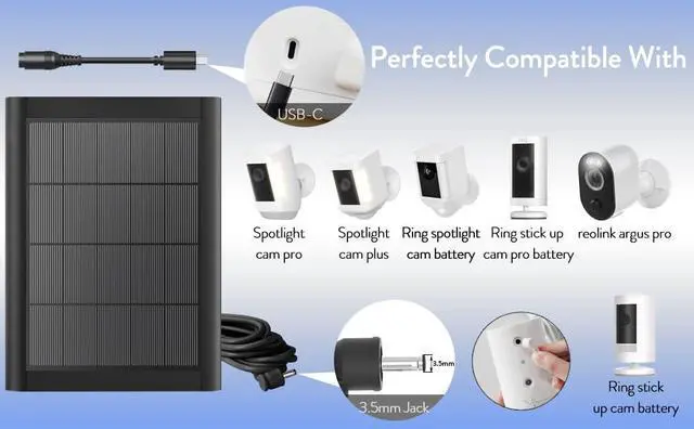 Alt view image 3 of 7 - Ring Solar Panel(2nd Generation), 5W Ring Solar Panel Charger with Mount for Stick Up Camera & Pro, Spotlight Plus & Pro, Stick Up Cam Battery, Spotlight Cam Battery (2 Pack Black)