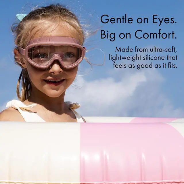 Alt view image 3 of 5 - Swimming Goggles Kids Ages 3-8 - Lightweight Silicone, Anti-Fog Wide Lens, Retro Design Swim Goggles for Kids, Adjustable Straps, Hair-Safe Buckle, Cotton Pouch Included, French Rose