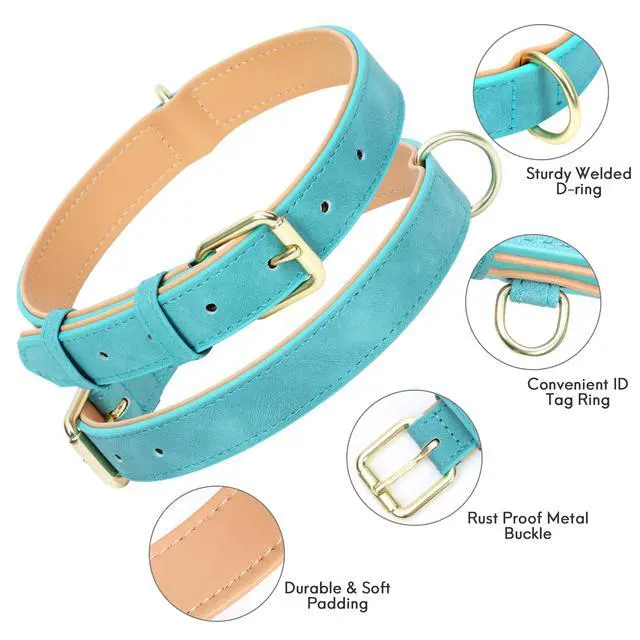 Alt view image 2 of 6 - Soft Padded Leather Dog Collar for Large Dogs (Teal, 15-20.5")