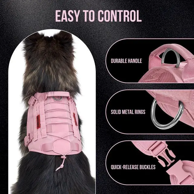 Alt view image 3 of 7 - Tactical Dog Harness Vest,No-Pull Service Dog Vest with Hook & Loop Panels,Adjustable Dog Vest Harness for Walking Hiking Training(Pink,L)