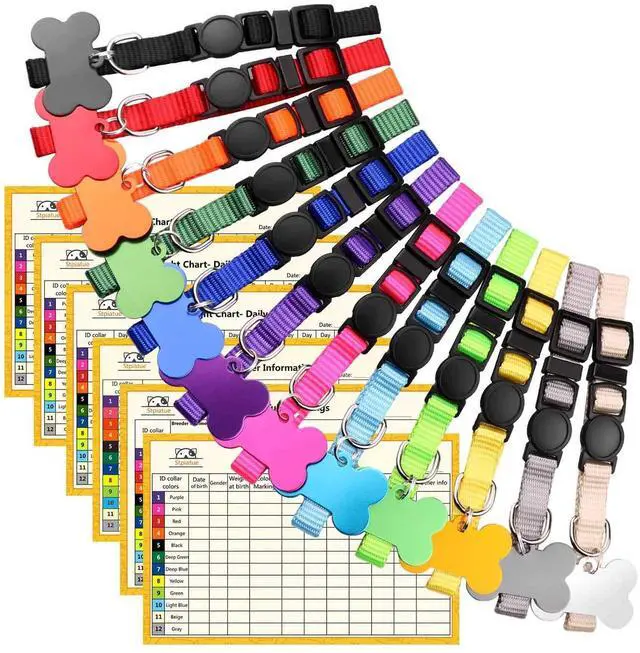 Main image of Upgraded Puppy Collars for Litter Puppy ID Collars Whelping Supplies Soft Nylon Breakaway Coloured Collars with 12 ID Tags and 6 Record Keeping Charts(S)