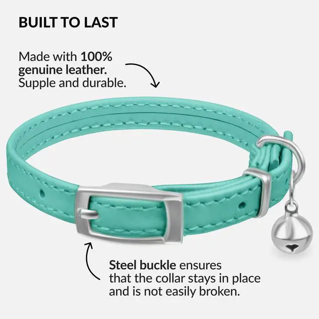 Alt view image 3 of 6 - Soft Leather Cat Collar with Safety Elastic Strap - Mint Green