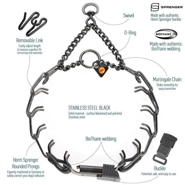 Alt view image 3 of 7 - lack Stainless Steel Dog Collar with Quick Release ClicLock Buckle and Biothane Insert Training Collar Made in Germany (Black, 16in x 2.25mm(Neck Size up to 13-14in))