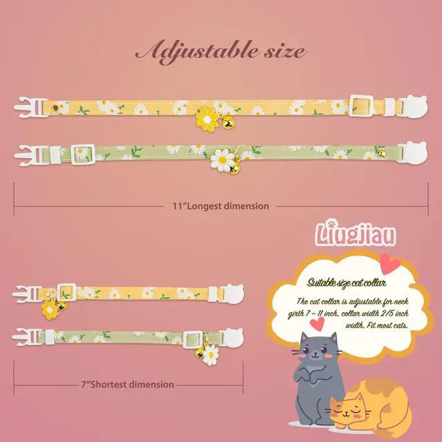 Alt view image 2 of 7 - 2 Pack Cotton Breakaway Cat Collar with Bell Yellow&Green Flowers Pendant Cute Kitten Cat Collar Suitable for Girls and Boys