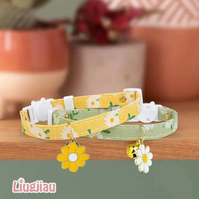 Alt view image 3 of 7 - 2 Pack Cotton Breakaway Cat Collar with Bell Yellow&Green Flowers Pendant Cute Kitten Cat Collar Suitable for Girls and Boys