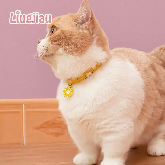 Alt view image 5 of 7 - 2 Pack Cotton Breakaway Cat Collar with Bell Yellow&Green Flowers Pendant Cute Kitten Cat Collar Suitable for Girls and Boys