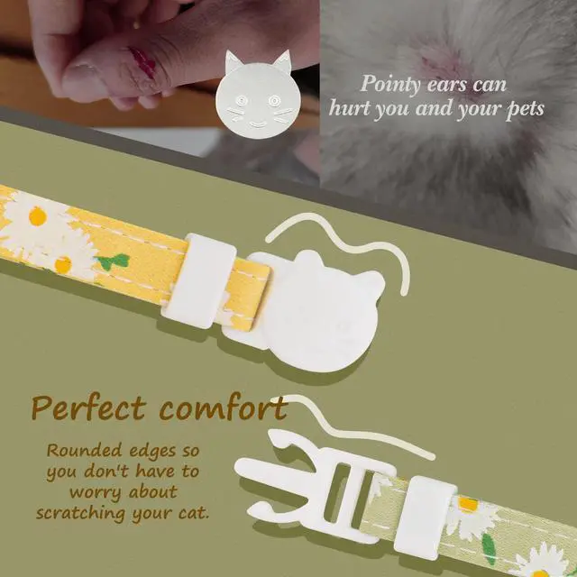 Alt view image 6 of 7 - 2 Pack Cotton Breakaway Cat Collar with Bell Yellow&Green Flowers Pendant Cute Kitten Cat Collar Suitable for Girls and Boys