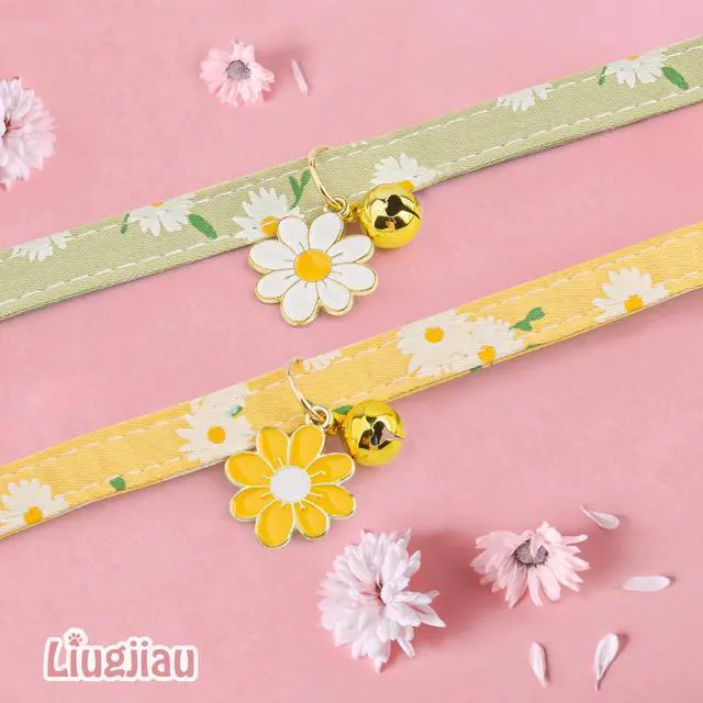 Alt view image 7 of 7 - 2 Pack Cotton Breakaway Cat Collar with Bell Yellow&Green Flowers Pendant Cute Kitten Cat Collar Suitable for Girls and Boys