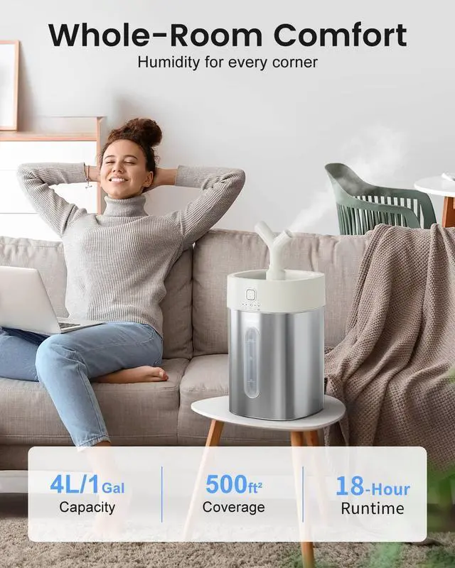 Alt view image 2 of 7 - Stainless Steel Humidifier, Easy Clean Dishwasher Safe, 4L/1Gal Cool Mist Humidifiers for Bedroom, Humidifiers for Baby, Humidifier Large Room for Nursery, Plant, Office, Living Room, White