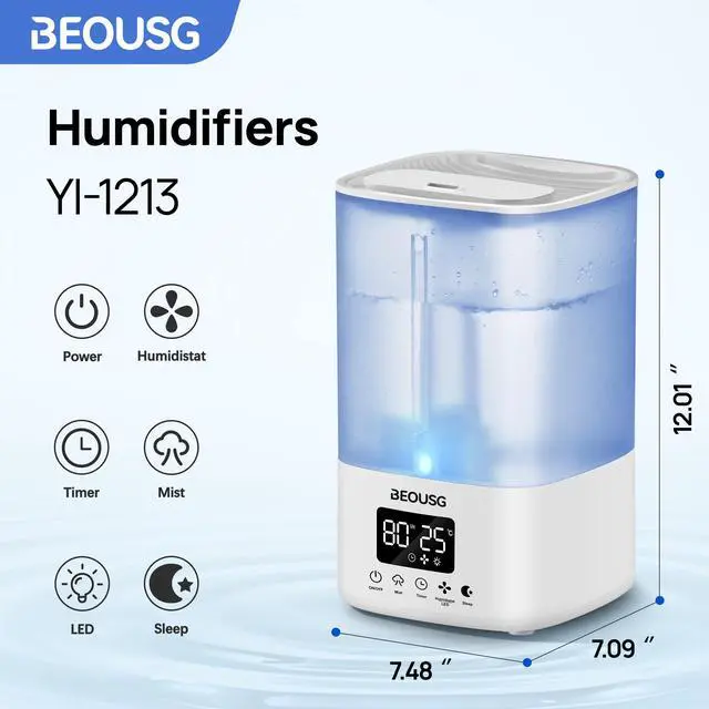 Alt view image 2 of 7 - 5L Top Fill Ultrasonic Humidifier,Cool Mist Humidifiers with Timer & Humidity Control for Bedroom, Baby, Large Rooms & Plants (White-2)