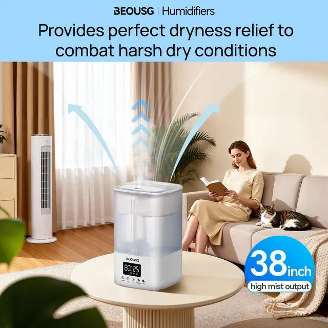 Alt view image 5 of 7 - 5L Top Fill Ultrasonic Humidifier,Cool Mist Humidifiers with Timer & Humidity Control for Bedroom, Baby, Large Rooms & Plants (White-2)