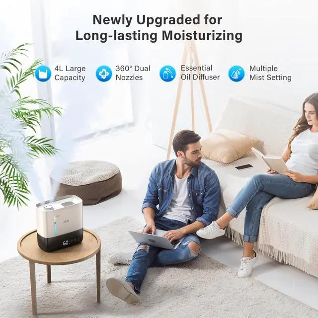Alt view image 5 of 7 - Humidifiers for Bedroom, Ultrasonic Humidifier 4L for Large Room, Cool Mist Top-Fill, 40H Run, 12H Timer, 360° Nozzle, Aroma Diffuser, 7-Color Night Light for Home, Office, Baby-White