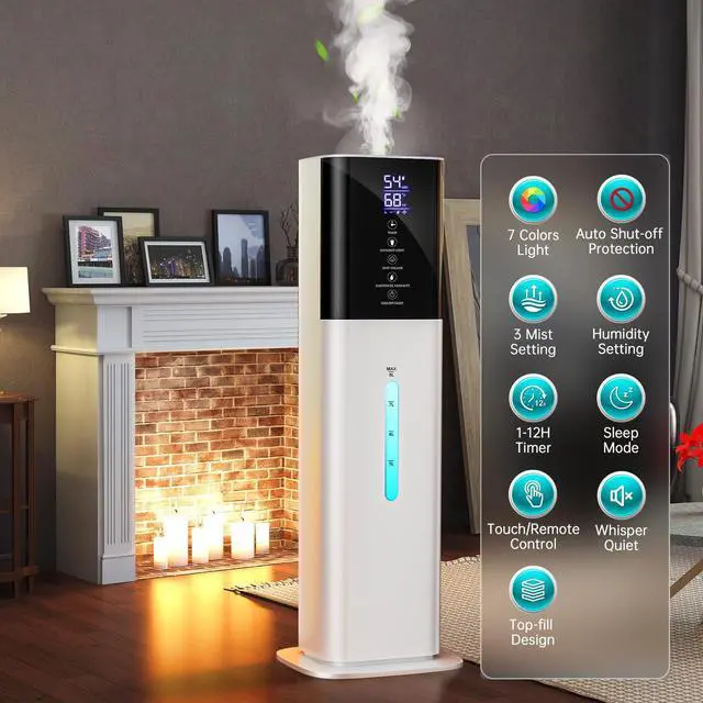 Alt view image 2 of 7 - Humidifier Large Room Bedroom, 8L/2.1Gal Top Fill Cool Mist Humidifiers with Humidistat, 3-Speeds, 48H Runtime, Quiet Sleep Mode, Night Light, 12H Timer, 360° Nozzle & Aroma Diffuser for Baby, Plants