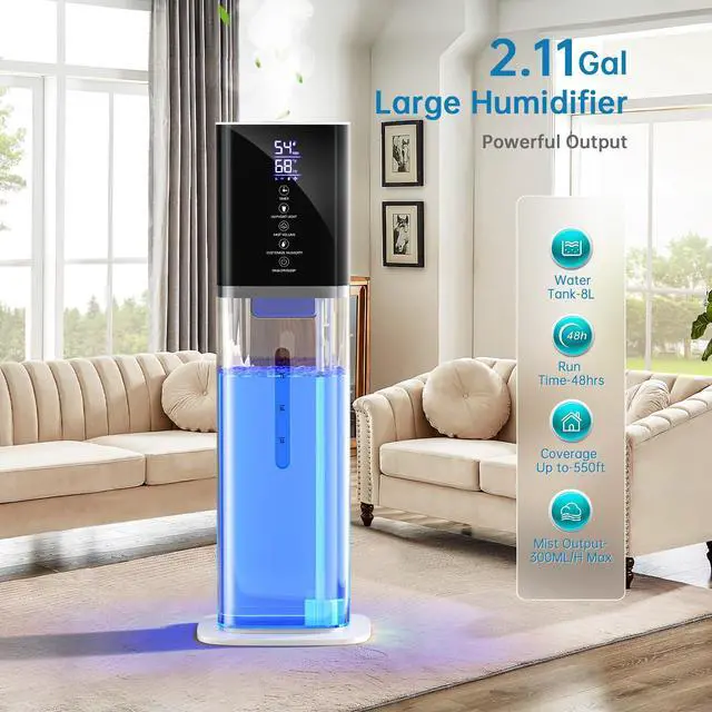 Alt view image 3 of 7 - Humidifier Large Room Bedroom, 8L/2.1Gal Top Fill Cool Mist Humidifiers with Humidistat, 3-Speeds, 48H Runtime, Quiet Sleep Mode, Night Light, 12H Timer, 360° Nozzle & Aroma Diffuser for Baby, Plants