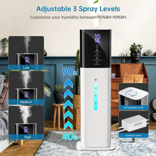 Alt view image 4 of 7 - Humidifier Large Room Bedroom, 8L/2.1Gal Top Fill Cool Mist Humidifiers with Humidistat, 3-Speeds, 48H Runtime, Quiet Sleep Mode, Night Light, 12H Timer, 360° Nozzle & Aroma Diffuser for Baby, Plants