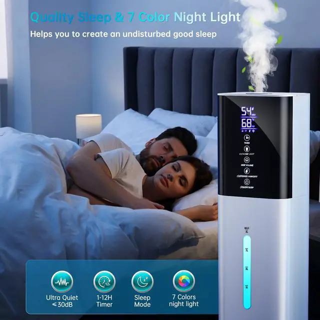 Alt view image 6 of 7 - Humidifier Large Room Bedroom, 8L/2.1Gal Top Fill Cool Mist Humidifiers with Humidistat, 3-Speeds, 48H Runtime, Quiet Sleep Mode, Night Light, 12H Timer, 360° Nozzle & Aroma Diffuser for Baby, Plants